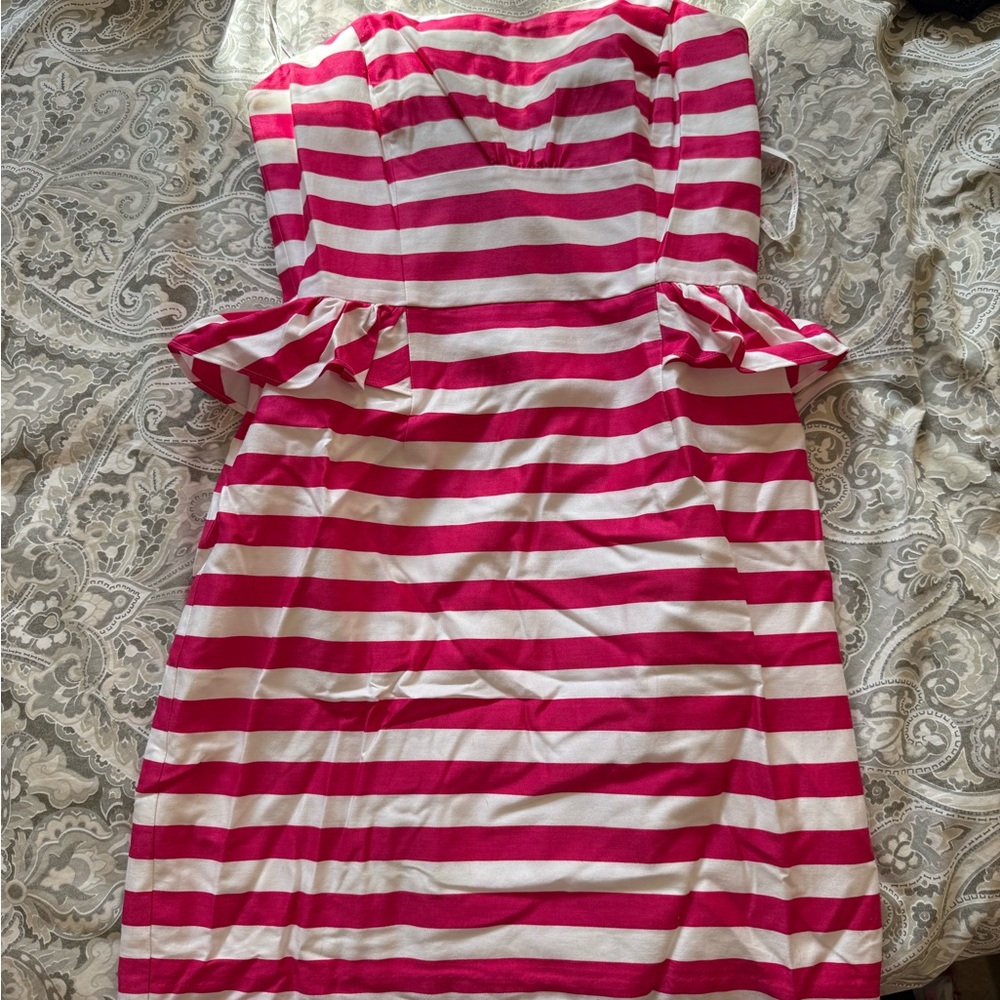 Lilly Pulitzer Pink and White Striped Strapless Peplum Dress